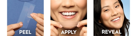 How To Use Crest 3DWhitestrips. Step 1 - Peel, image of hands peeling whitestrip. Step 2 - Apply, image of woman applying whitestrip. Step 3 - Reveal, image of woman smiling brightly.