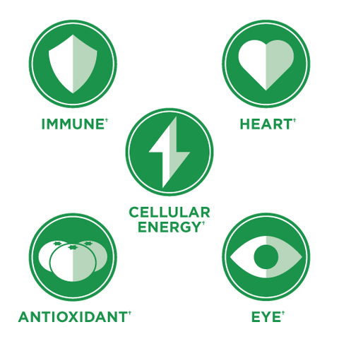 Biểu tượng Lợi ích sức khỏe: Miễn dịch†, Tim†, Năng lượng tế bào†, Chất chống oxy hóa†, Mắt†