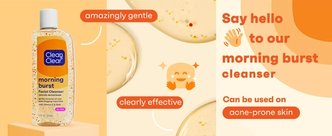 Clean &amp; Clear morning burst on orange background close up of texture and happy face emoodji