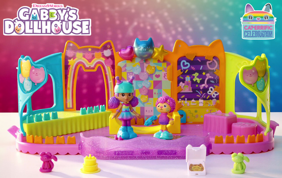 thumbnail video image 2 of Gabby’s Dollhouse, Party Room Playset with Toy Figures, Furniture & Accessories, 2 of 11