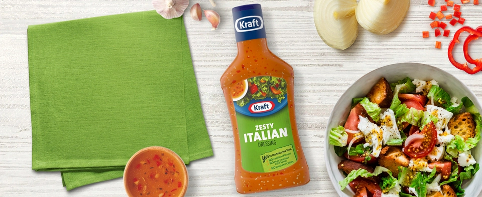 kraft zesty italian dressing Fat Free Salad Dressing, 16 FO Anything dressing Low cholesterol Low saturated fat Same great taste Kraft Calorie-Wise Zesty Italian Salad