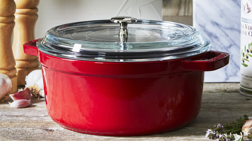 thumbnail video image 2 of Staub Cast Iron 4-qt Round Cocotte with Glass Lid - Black, 2 of 8