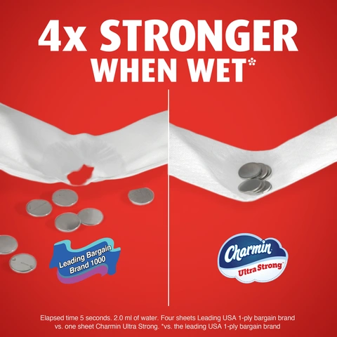Testing the strength of the Charmin Ultra Strong Mega toilet paper being wet. Image reads "4x Stronger when wet".