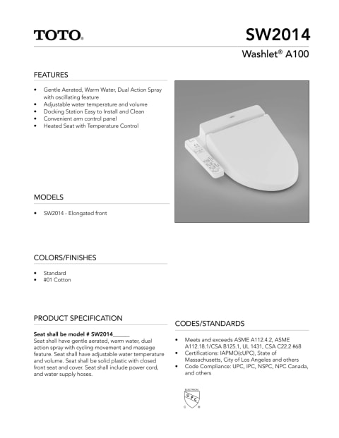 Toto Washlet C200 Instruction Manual