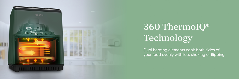 On a banner, an image shows a mostly green, boxy air fryer on a white countertop. With its basket transparent, orange arrows within appear as if they are swirling. More arrows at the top and the bottom of the cavity point towards the center. Text beside the image reads, “Three-sixty Thermo-I-Q Technology. Dual heating elements cook both sides of your food evenly with less shaking or flipping.”