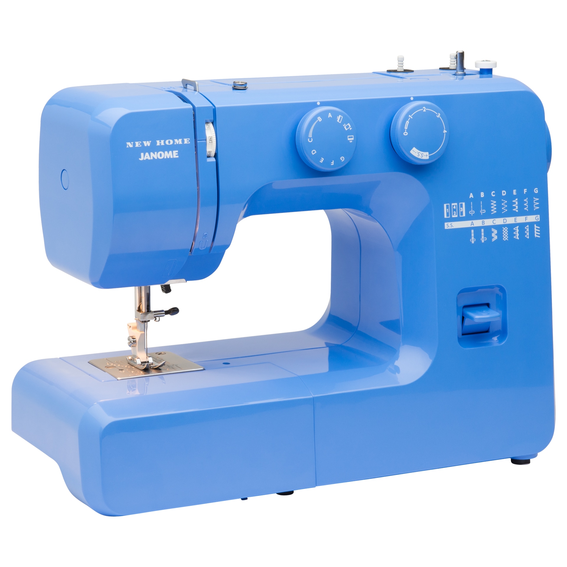 Sew clothes on a sewing machine. Sewing clothes made of blue silk on a blue  background. Sewing machine, measuring tape, thread and lightweight fabric  for sewing clothes. Stock Photo