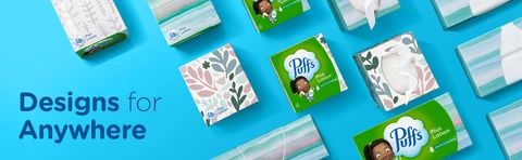 Puffs tissue boxes with a variety of designs. Text reads "Designs for Anywhere".