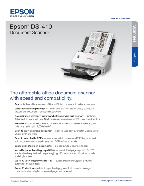 Epson Ds 410 Document Scanner 600 Dpi Optical Resolution 50 Sheet Duplex Auto Document Feeder 8948