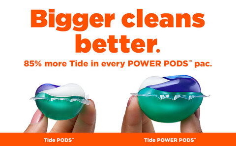 Bigger cleans better. 85% more Tide in every POWER PODS pac. 