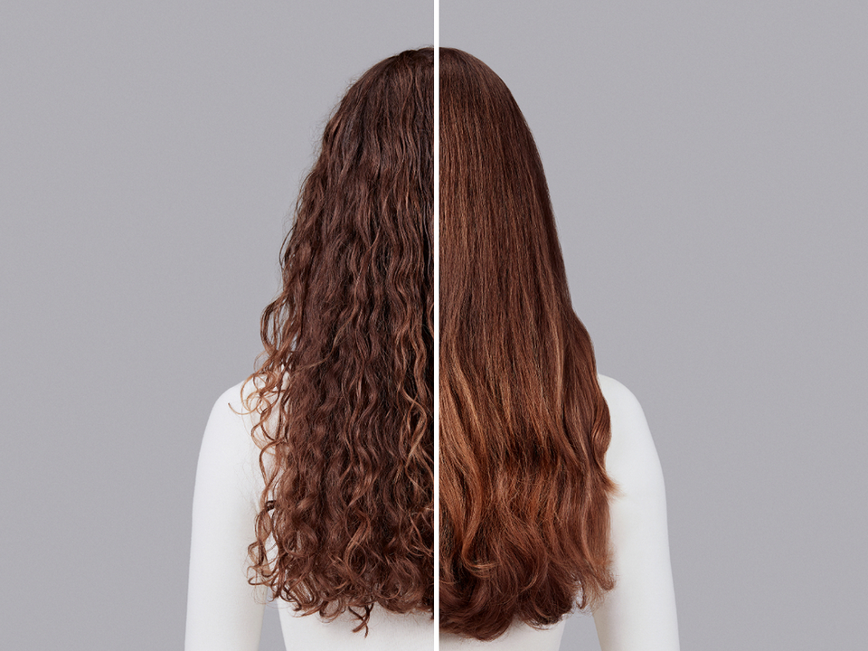 Dyson Chitosan styling range before and after results on light-brown curly hair.