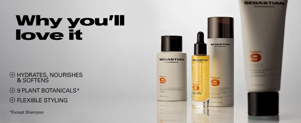 Four bottles of Sebastian hair products on a plain background with text overlay.