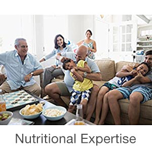 Tiêu đề Chuyên môn về dinh dưỡng cho thấy một gia đình ở mọi lứa tuổi đang quây quần trên ghế dài và vui đùa với thức ăn