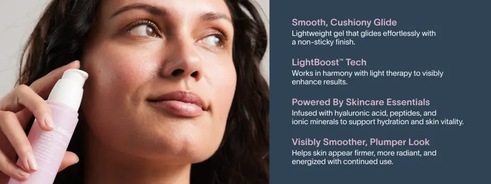 Person applying Solawave LightBoost Wand Activating Serum on cheek beside product bottle.