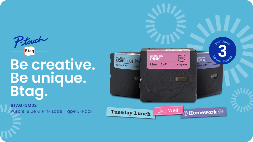 thumbnail video image 2 of Brother Genuine P-touch BTAG3M02, 3-Pack White on Purple, Black on Light Blue, White on Pink Label Tape, ~1/2in by 13.1ft (12mm x 4m) for Ptouch Label Makers, 2 of 10