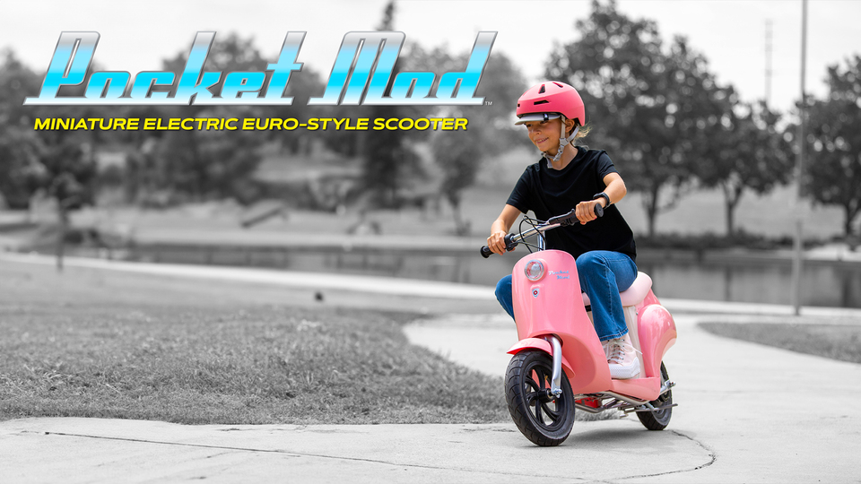 thumbnail video image 2 of Razor Pocket Mod Classic - Euro Style Electric Scooter for Ages 8+, Capri Pink, Vintage-Inspired Desing, High/Low Speed Switch, Up to 80 Minutes Ride Time, 2 of 16