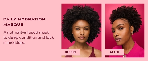 Two images of the same woman comparing her hair before and after applying our product.