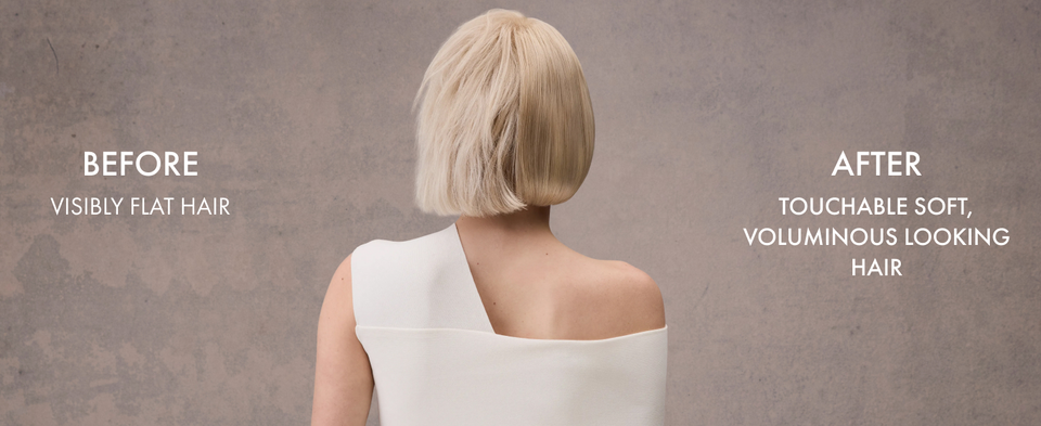Backshot of woman's straight hair split in half showing how it goes from flat to voluminous.