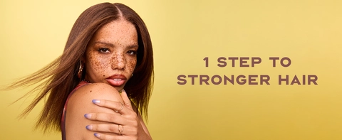 Image of a young woman with straight hair next to text: 1 step to stronger hair.