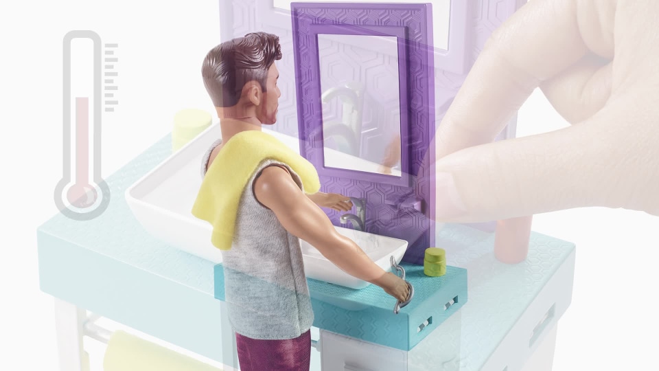 thumbnail video image 2 of Barbie Ken Bathroom-Themed Playset with Shaving Ken Doll and Sink/Vanity, 2 of 13