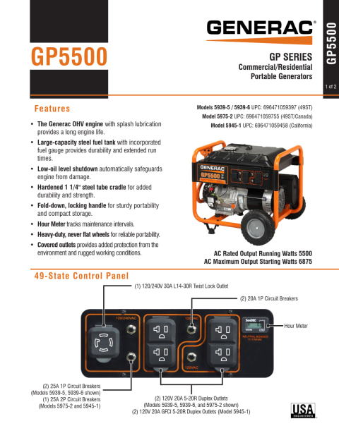 Generac 5939 - 5500-Watt Gasoline Powered Portable Generator, 49 State ...