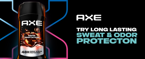 Image of Axe Dark Temptation Spray, dark background with logo &amp; headline about non-stop freshness.