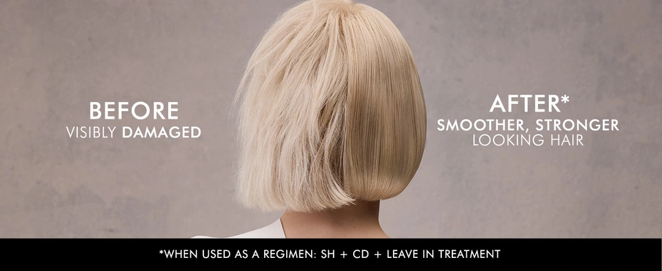 Blonde bob before and after Keraphix regimen showing sleek, polished finish.