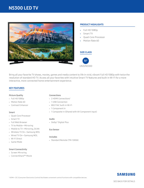 SAMSUNG 32" Class FHD (1080P) Smart LED TV (UN32N5300) - Walmart.com