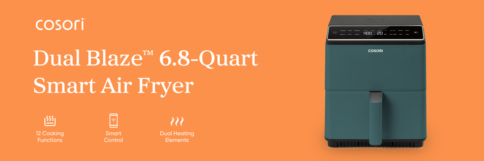 On an orange banner, text beside an image of a mostly green, boxy kitchen appliance with a black control panel reads, “Cosori. Dual Blaze six-point-eight-quart smart air fryer.” Text under an icon of three vertical squiggly lines above a horizontal line within a U-shaped line reads, “Twelve cooking functions.” Text under an icon of a smartphone with a Wi-Fi signal on its screen reads, “Smart Control.” Text above an icon of three thick, vertical squiggly lines reads, “Dual heating elements.”