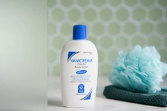 a bottle of Vanicream Gentle Body Wash sits in the shower.