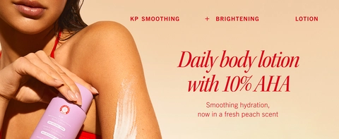 Model showing bottle of KP Peach Lotion with 10% AHA