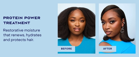 2 images of the same woman before &amp; after applying our treatment for healthy-looking hair.