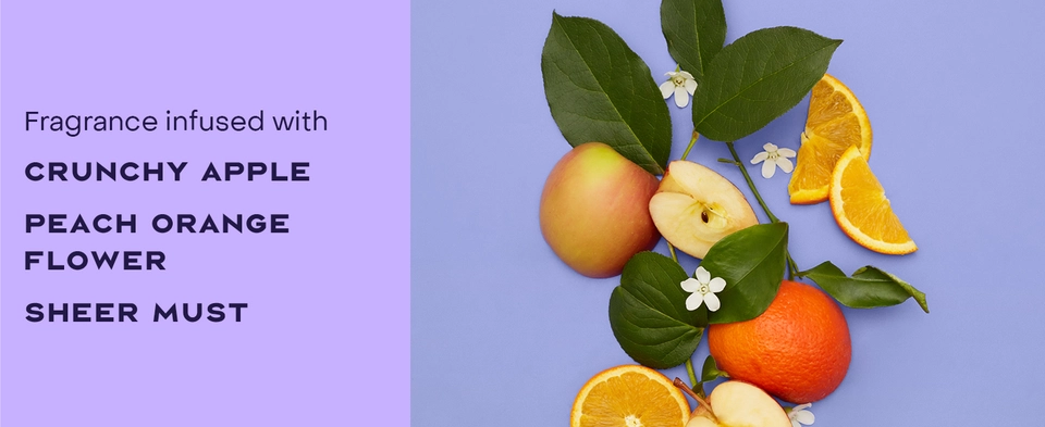 Image of fragrance ingredients like crunchy apple, rich orange flower &amp; sheer musk.