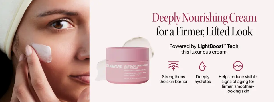 Close-up of model applying cream to neck with LightBoost technology benefits listed on the right.