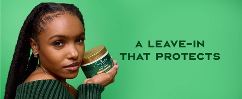 Image of a black woman with dreadlocks holding jar, next to text about a leave-in that protects.
