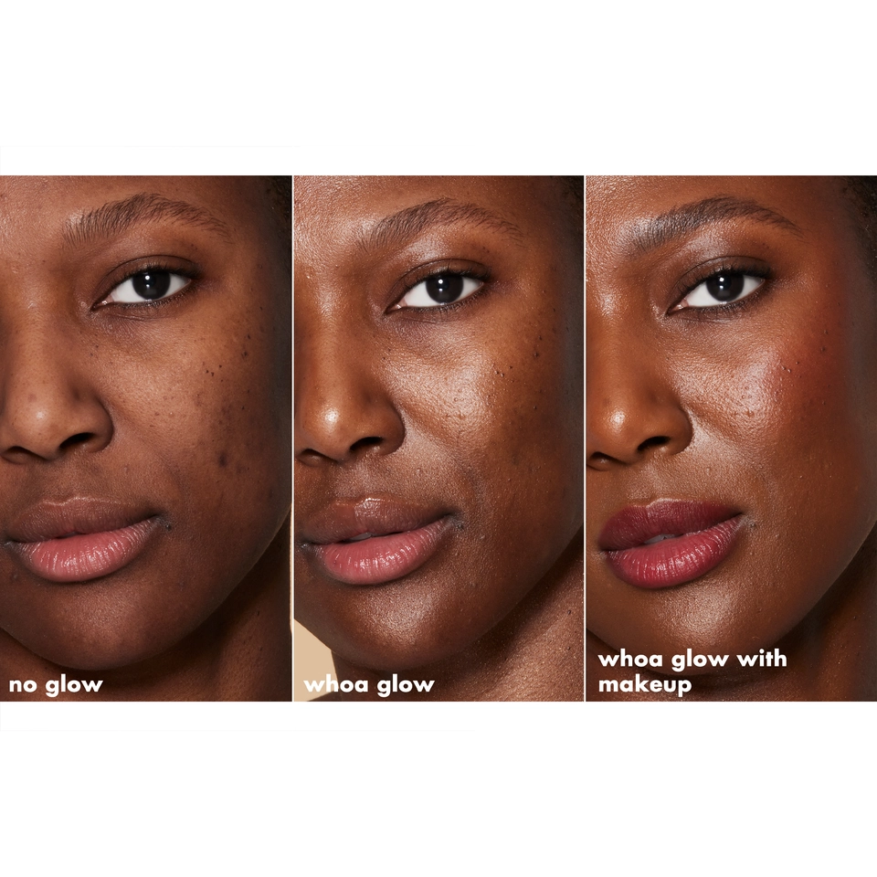 This image is of a models before and after wearing the shade Sunlight