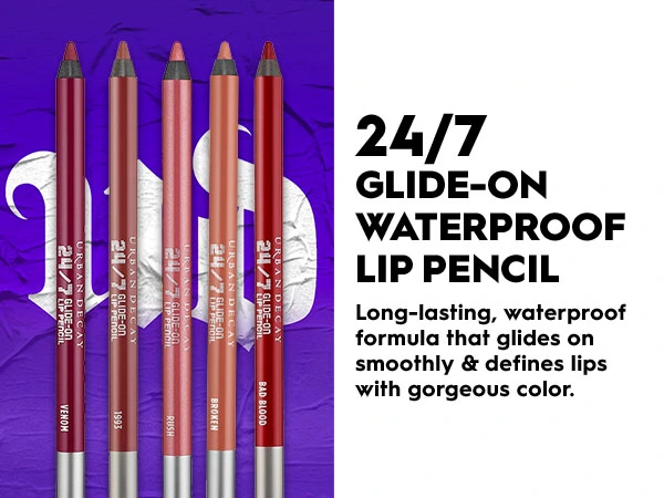 24/7 Glide-on Waterproof Lip Pencil Long-lasting, waterproof formula that glides on smoothly &amp; define lips with gorgeous color, Featuring five shades of pink, nude, and red lip liners with a model showcasing one of the shades. 