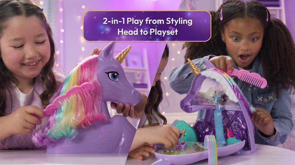 thumbnail video image 2 of Unicorn Academy, Wildstar 2-in-1 Styling Head & Playset with Hair Accessories and 2 Mini Figures, 2 of 11