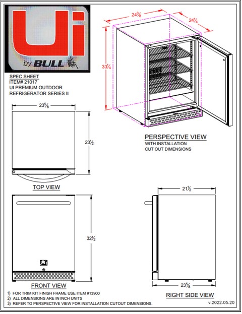 Urban Island Outdoor Rated Refrigerator Spec Sheet