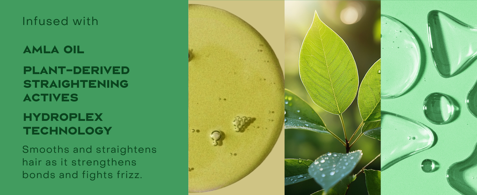 Amla oil and green leaves with golden serum textures on a green background.