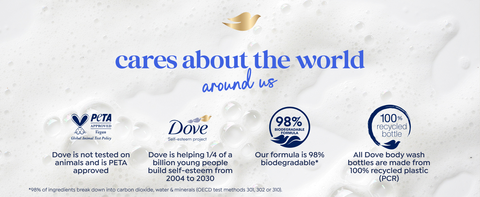Text and illustrative icons on the sustainable aspects of Dove's products on cream background.