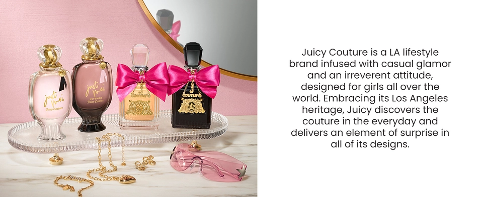Collection of Juicy Couture perfume bottles on a tray on a vanity with text overlay