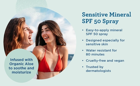 Sensitive Mineral SPF 50 Spray. Infused with Organic Aloe to soothe and moisturize. Easy-to-apply mineral SPF 50 spray. Designed especially for sensitive skin. Water resistant for 80 minutes. Cruelty-free and vegan. Trusted by dermatologists.