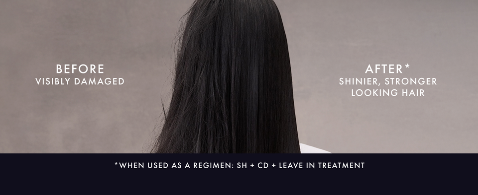 Back view of long dark hair before treatment and visibly shinier, stronger-looking hair after.
