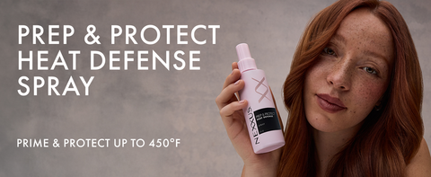 Woman with wavy red hair holding a spray bottle next to text highlighting product benefits.