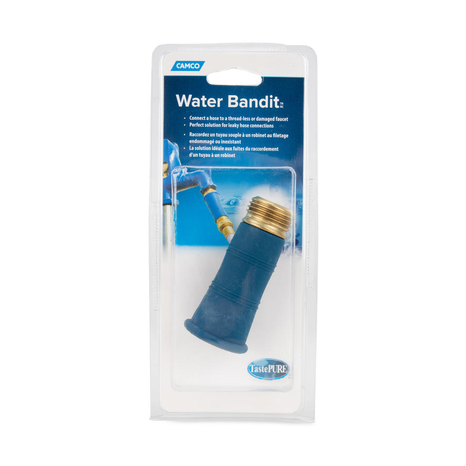 thumbnail video image 2 of Camco Water Bandit - Water Hose Faucet Connector - 3.25-inches, Blue, Silicone Polymer (22484), 2 of 7