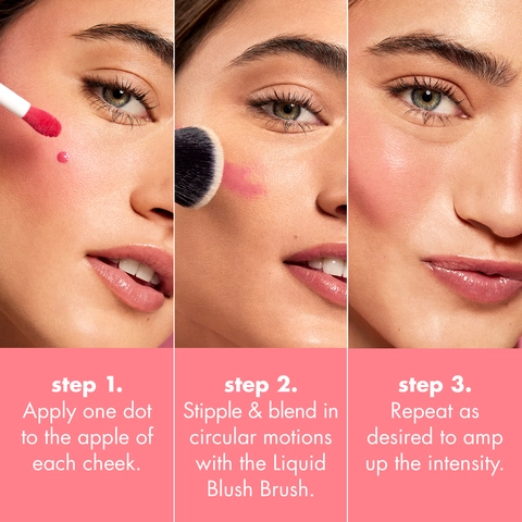 A model demonstrating the steps on how to use the e.l.f. Camo Liquid Blush