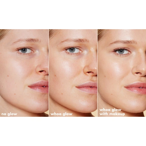 Model before &amp; after image of the e.l.f. Whoa Glow SPF 30