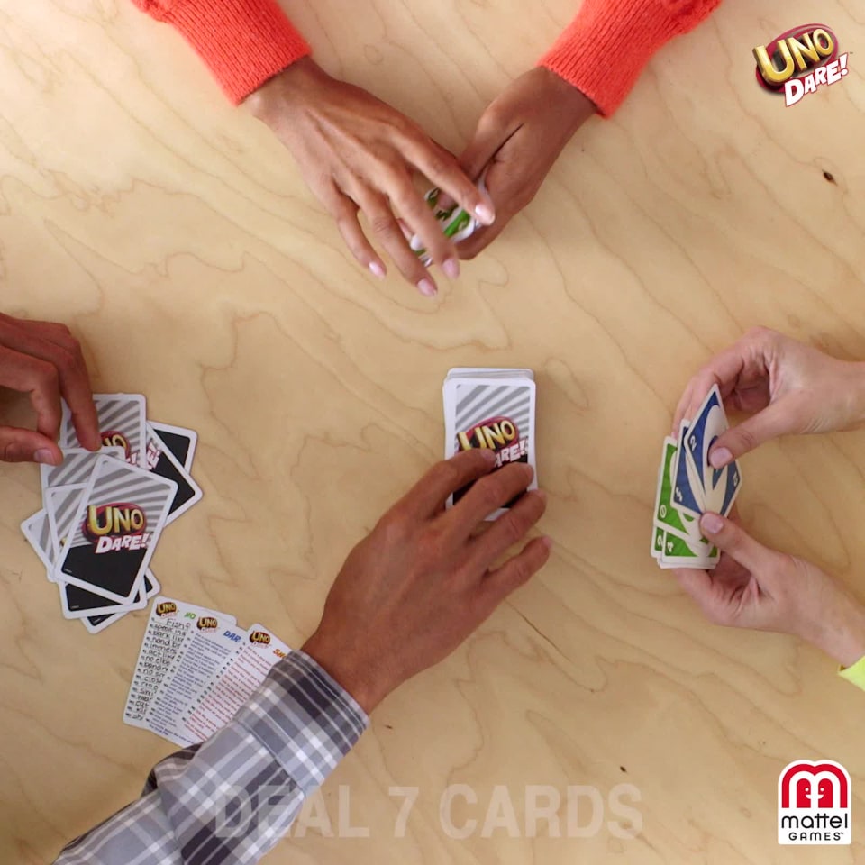 thumbnail video image 2 of UNO Dare Card Game for Family Night Featuring Challenging and Silly Dares From 3 Categories, 2 of 7