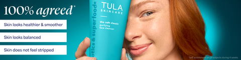 Clinical studies listed to the left, model holding Blue Tula Face Cleanser covering one eye