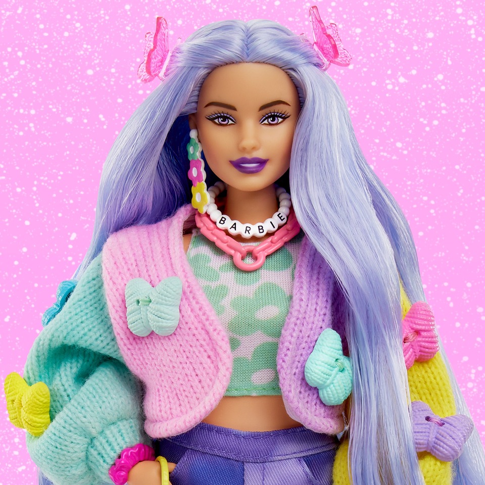 Barbie Extra Fashion Doll with Wavy Lavender Hair, Colorful Butterfly ...